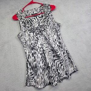Y2K Spense Top Womens‎ L Black White Satin Ruffle Animal Print Flowy Statement